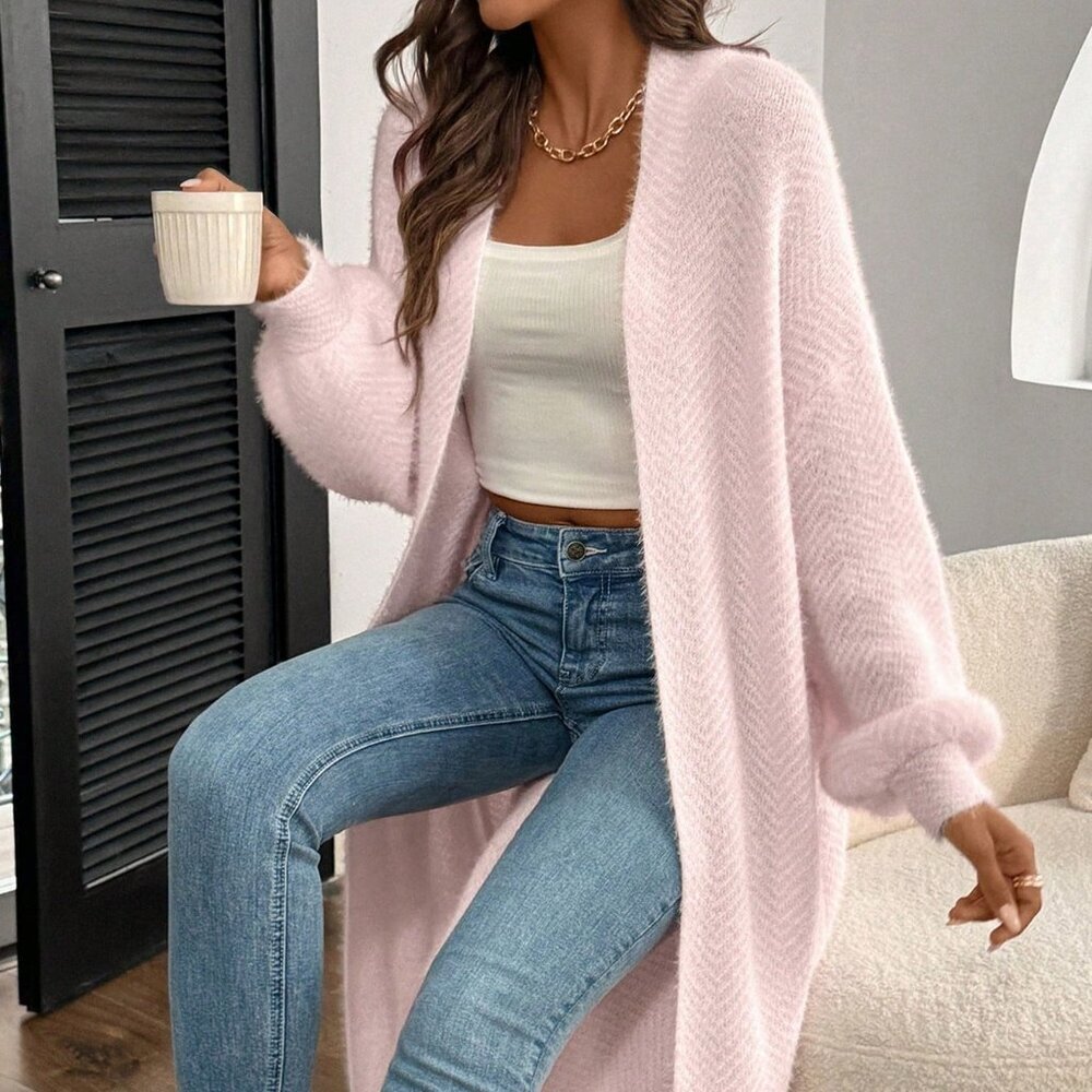 Baby Pink Casual Women's Valentine's Day Lantern Sleeve Furry Cardigan